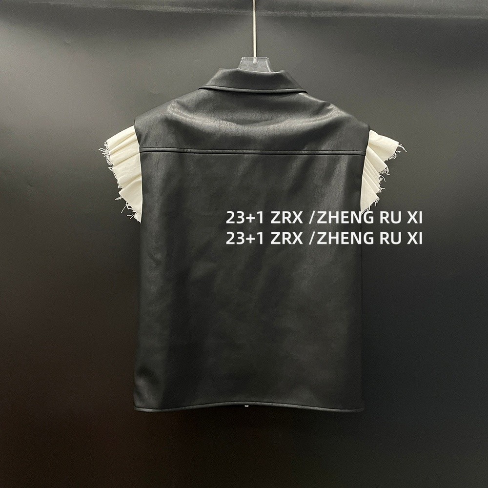 付新博女裝拼接皮衣套裝女時尚老錢風鬆弛感皮馬甲外套+短裙16233-細節圖3