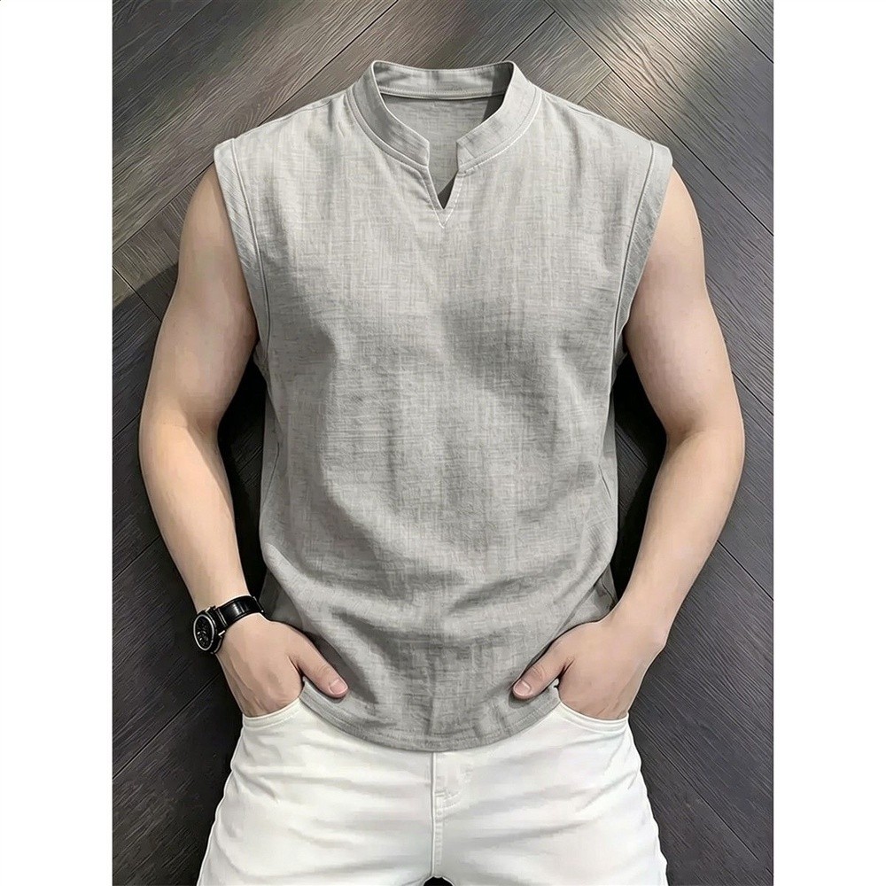 咖色V領坎肩仿亞麻背心男士夏季薄款速乾透氣無袖T恤健身運動汗衫-細節圖2