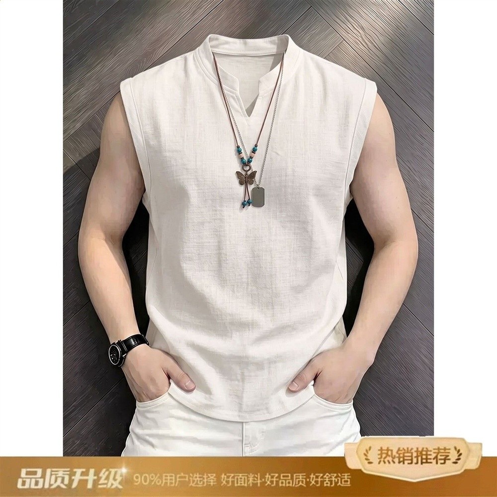 咖色V領坎肩仿亞麻背心男士夏季薄款速乾透氣無袖T恤健身運動汗衫-規格圖5