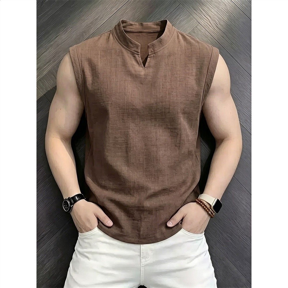 咖色V領坎肩仿亞麻背心男士夏季薄款速乾透氣無袖T恤健身運動汗衫-規格圖5