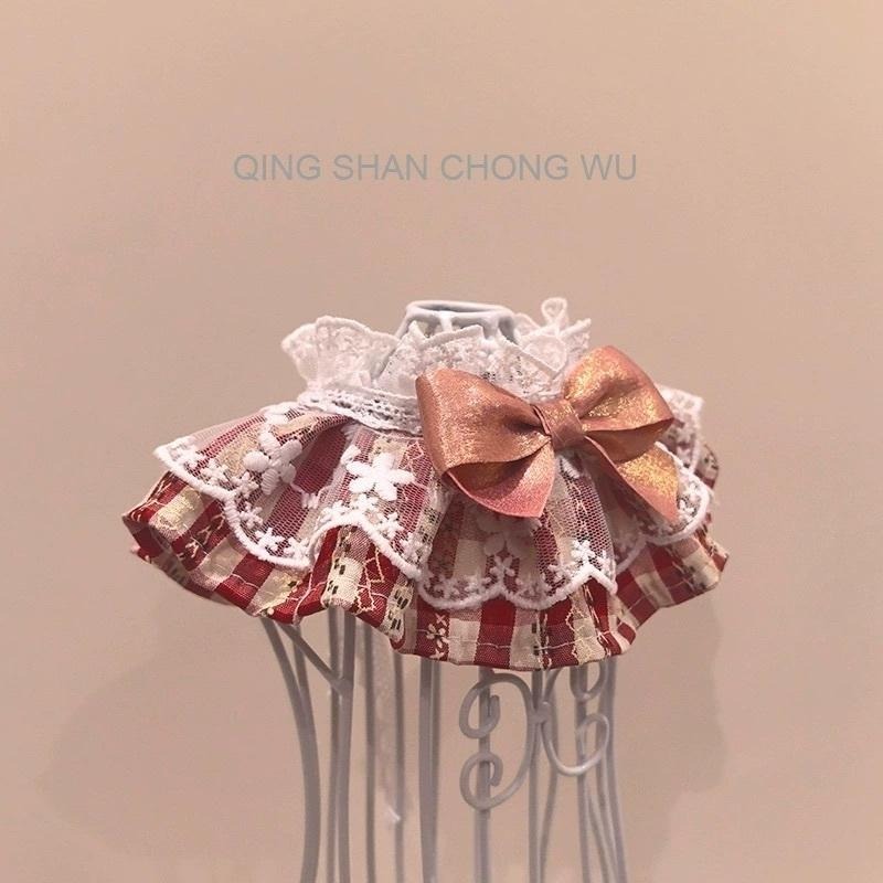<拔辣選品>【青衫寵物】◆ 紅色蝴蝶結格紋花邊蕾絲口水巾、領巾寵物貓咪狗狗頸部裝飾衣服圍脖-細節圖3