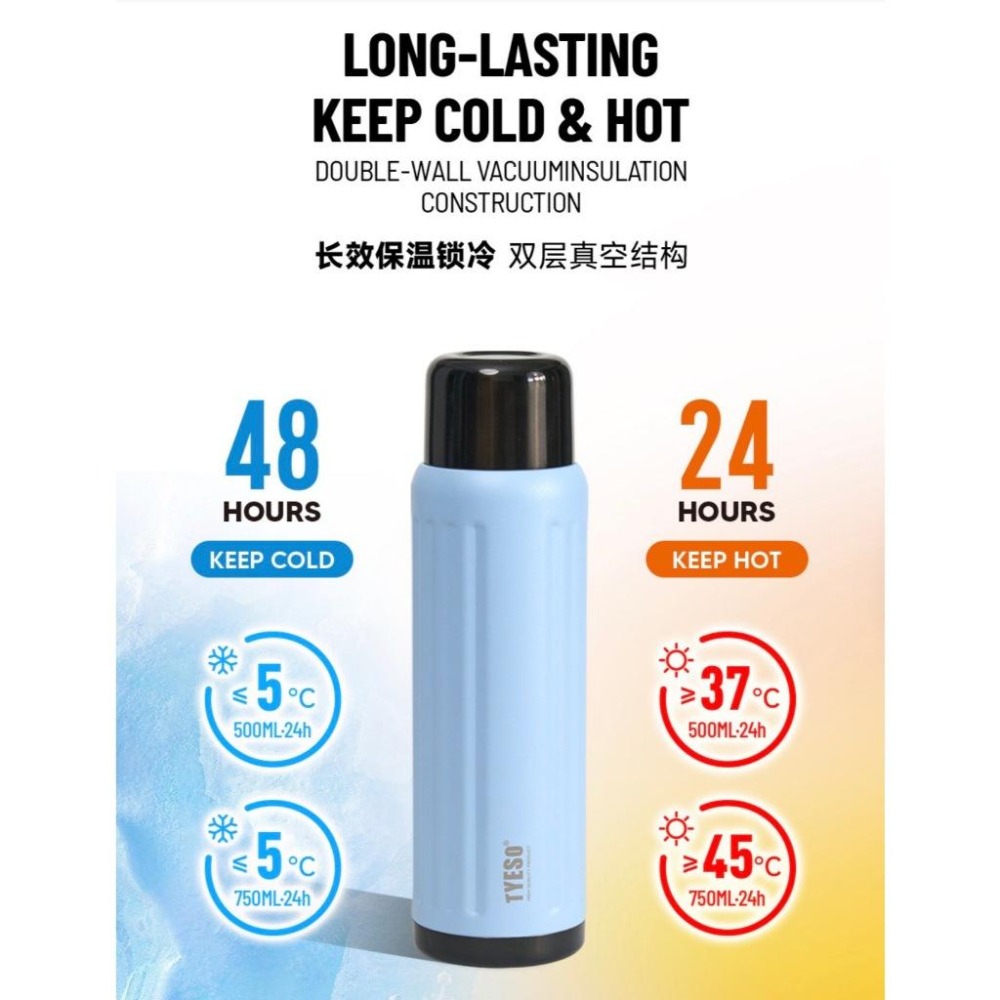 TYESO經典條紋保溫杯 304不鏽鋼500ml/750ml運動保溫杯 防漏旋轉杯蓋不鏽鋼保溫隨身咖啡杯 車載保溫水壺-細節圖2