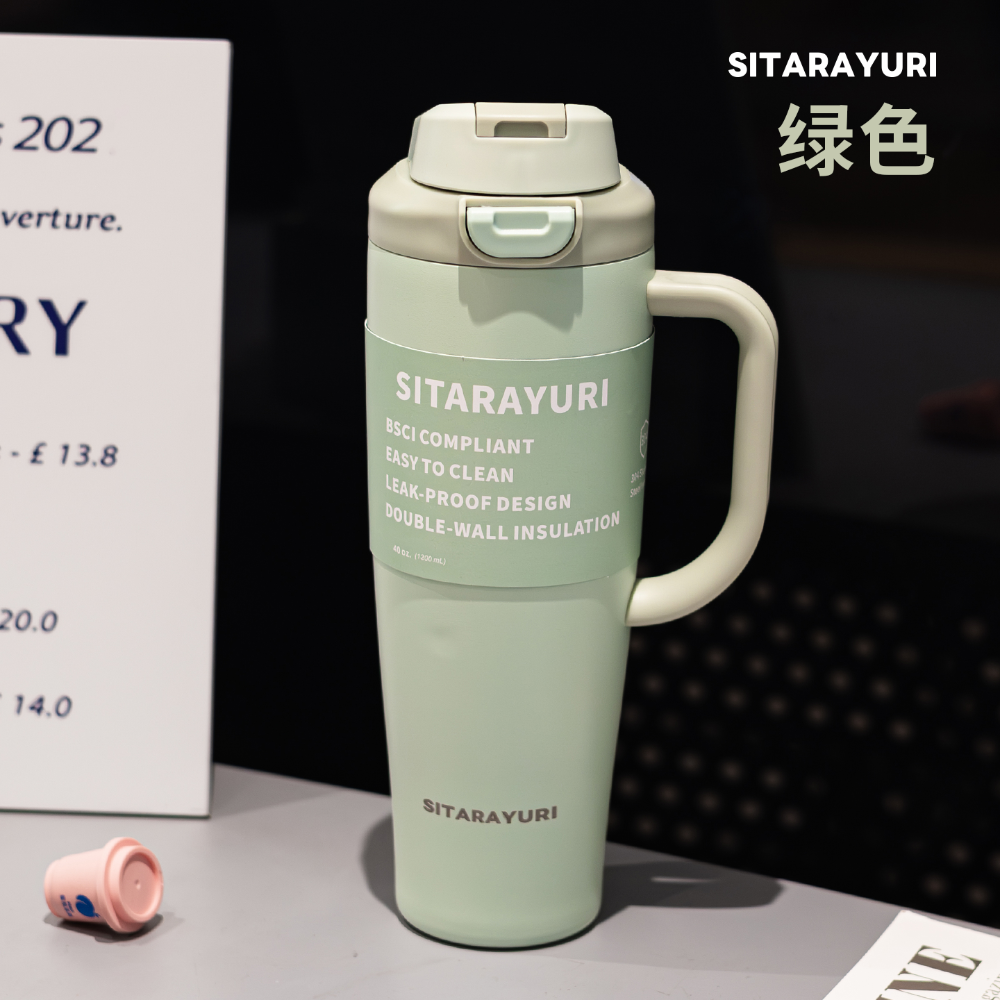 SITARAYURI大容量雙飲手柄彈蓋保溫杯 304不鏽鋼大容量1200ml手柄冰霸杯 按壓彈蓋雙飲環保車載杯 隨行水壺-規格圖9