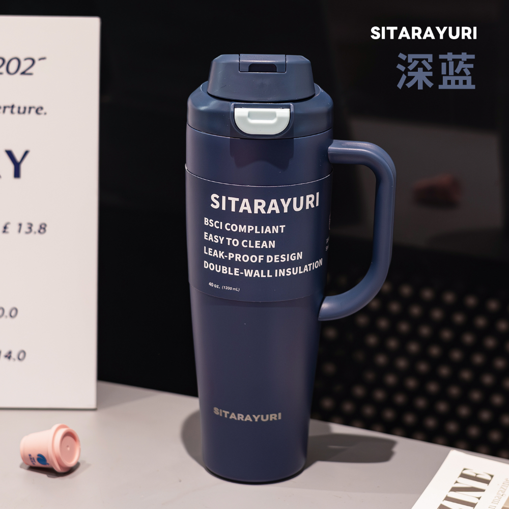 SITARAYURI大容量雙飲手柄彈蓋保溫杯 304不鏽鋼大容量1200ml手柄冰霸杯 按壓彈蓋雙飲環保車載杯 隨行水壺-規格圖9