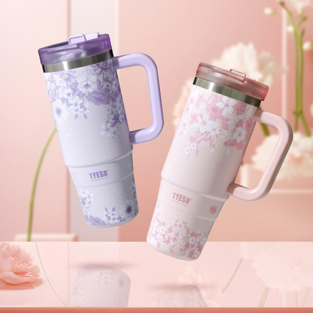 新款速發 TYESO花卉系列手把冰霸杯 304不鏽鋼900ml/1200ml保溫杯 旋轉杯蓋雙飲吸管保溫杯 車載咖啡杯-細節圖3