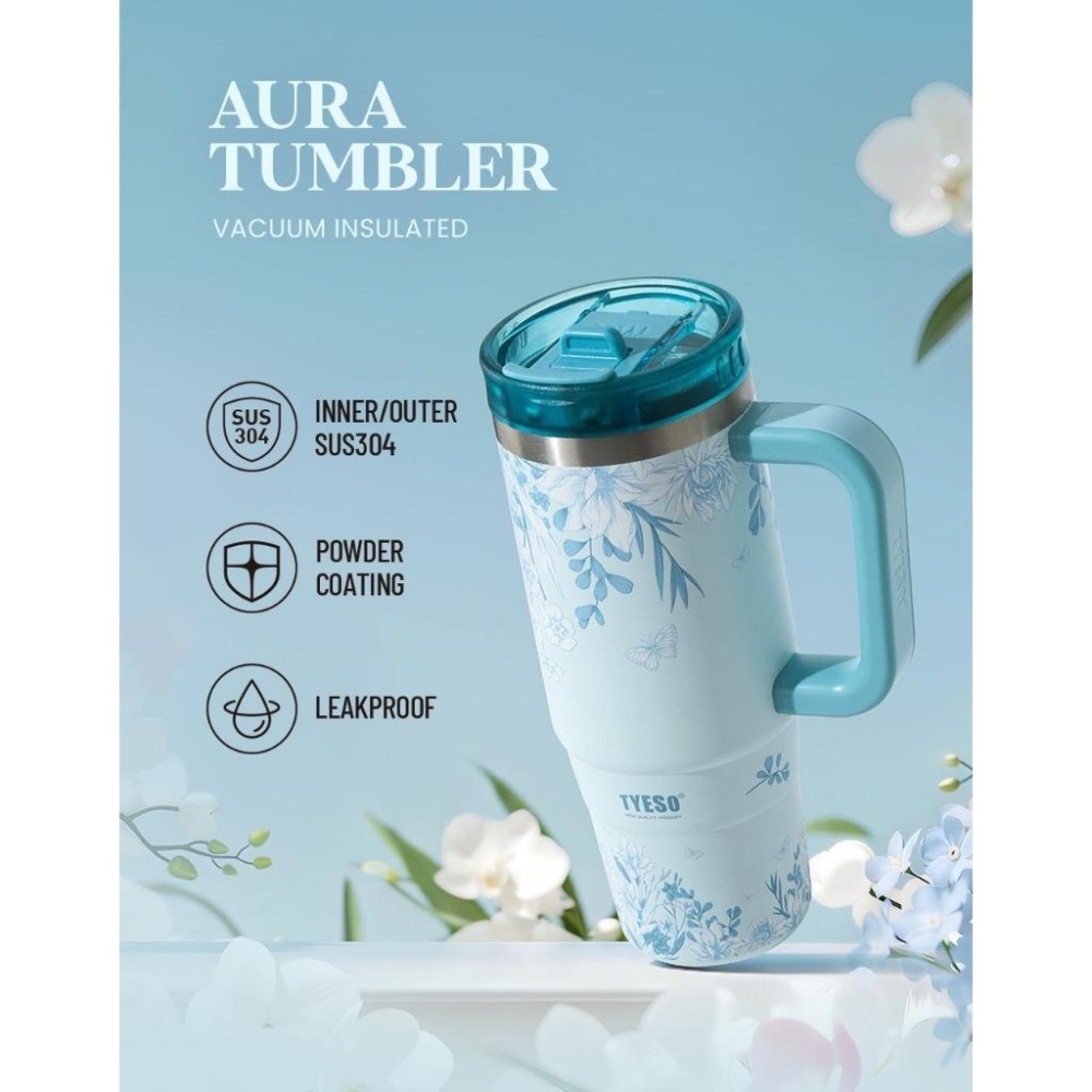 新款速發 TYESO花卉系列手把冰霸杯 304不鏽鋼900ml/1200ml保溫杯 旋轉杯蓋雙飲吸管保溫杯 車載咖啡杯-細節圖5
