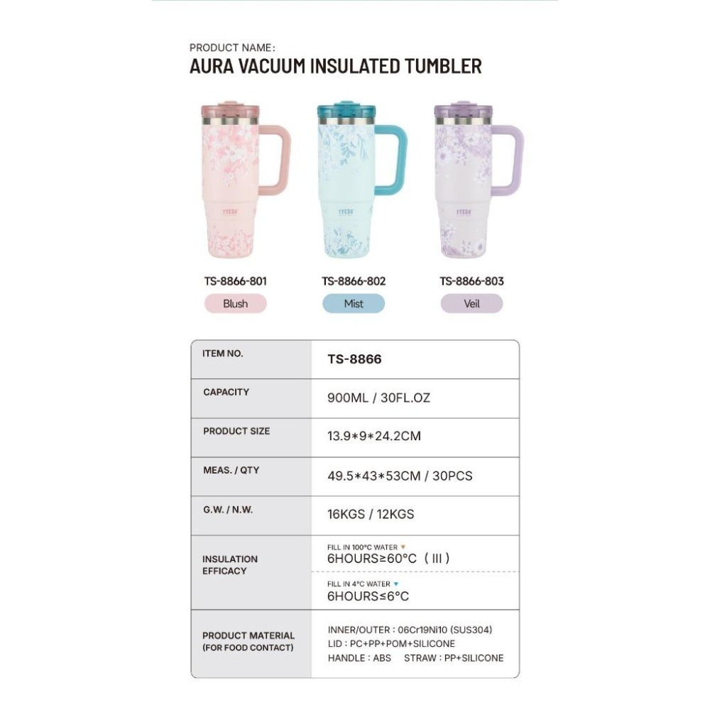 新款速發 TYESO花卉系列手把冰霸杯 304不鏽鋼900ml/1200ml保溫杯 旋轉杯蓋雙飲吸管保溫杯 車載咖啡杯-細節圖8