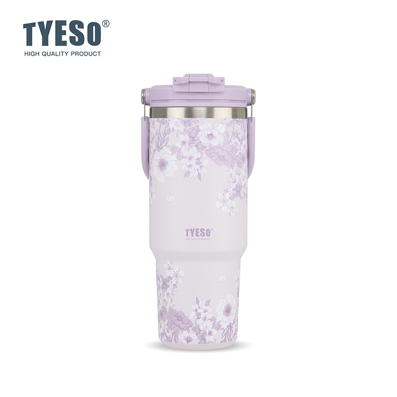 新款速發 TYESO花卉系列雙飲手提冰霸杯 900ml提手吸管保溫杯 雙飲式冰霸杯 防漏環保咖啡杯 保溫保冷隨行車載杯-規格圖7