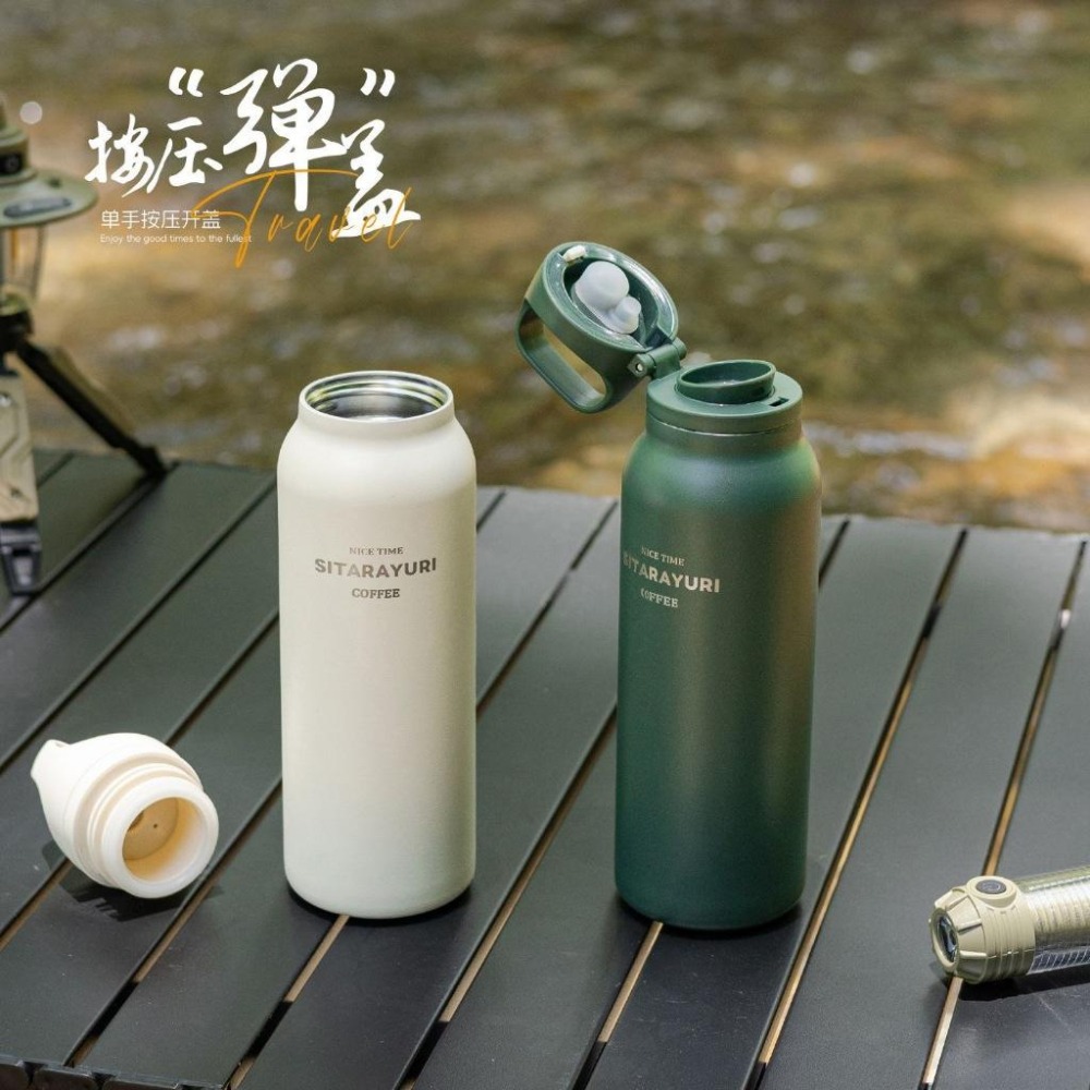 最新SITARAYURI一鍵彈蓋運動水壺 304不鏽鋼600ml手提保溫杯 按壓彈蓋隨行咖啡杯 單手按鍵彈蓋車載保溫杯-細節圖2