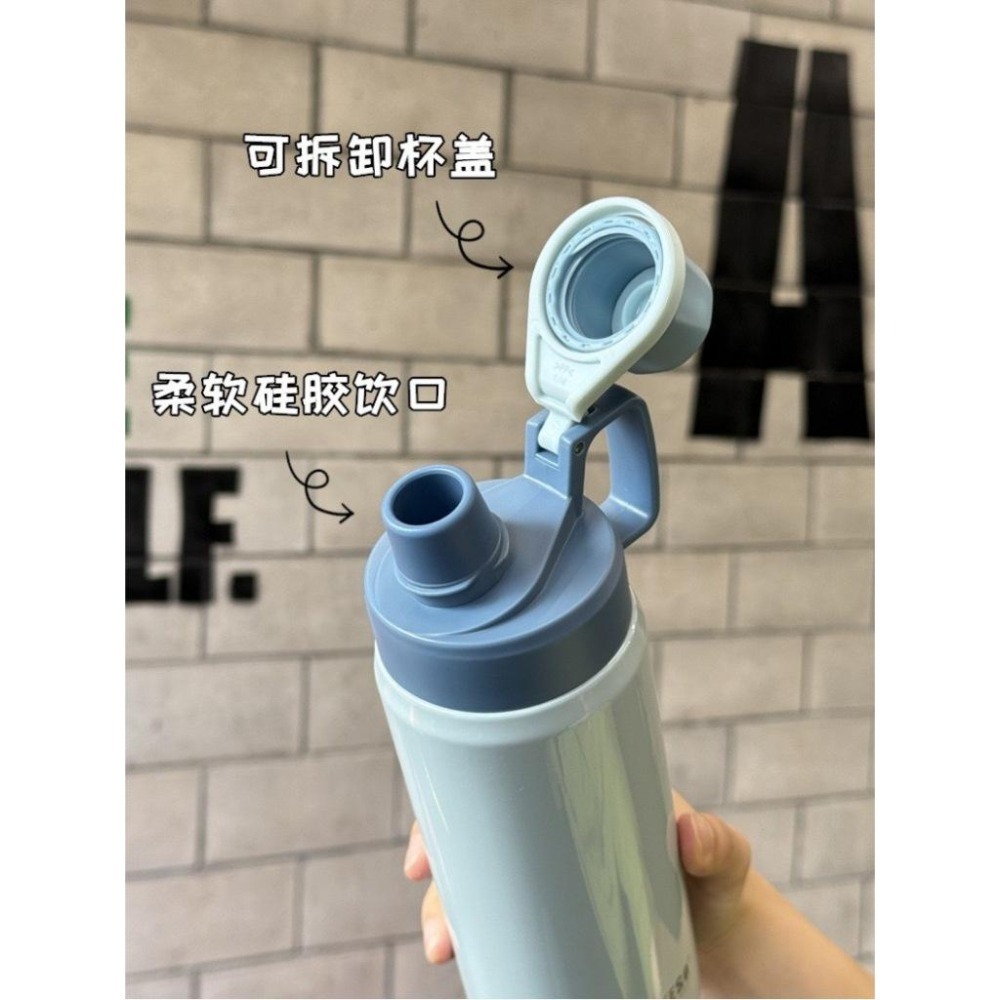TYESO保溫杯 304不鏽鋼600ml/750ml/900ml大容量運動保溫杯 防漏旋轉杯蓋附矽膠提手不鏽鋼運動水壺-細節圖3