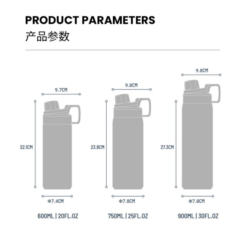 TYESO保溫杯 304不鏽鋼600ml/750ml/900ml大容量運動保溫杯 防漏旋轉杯蓋附矽膠提手不鏽鋼運動水壺-細節圖9