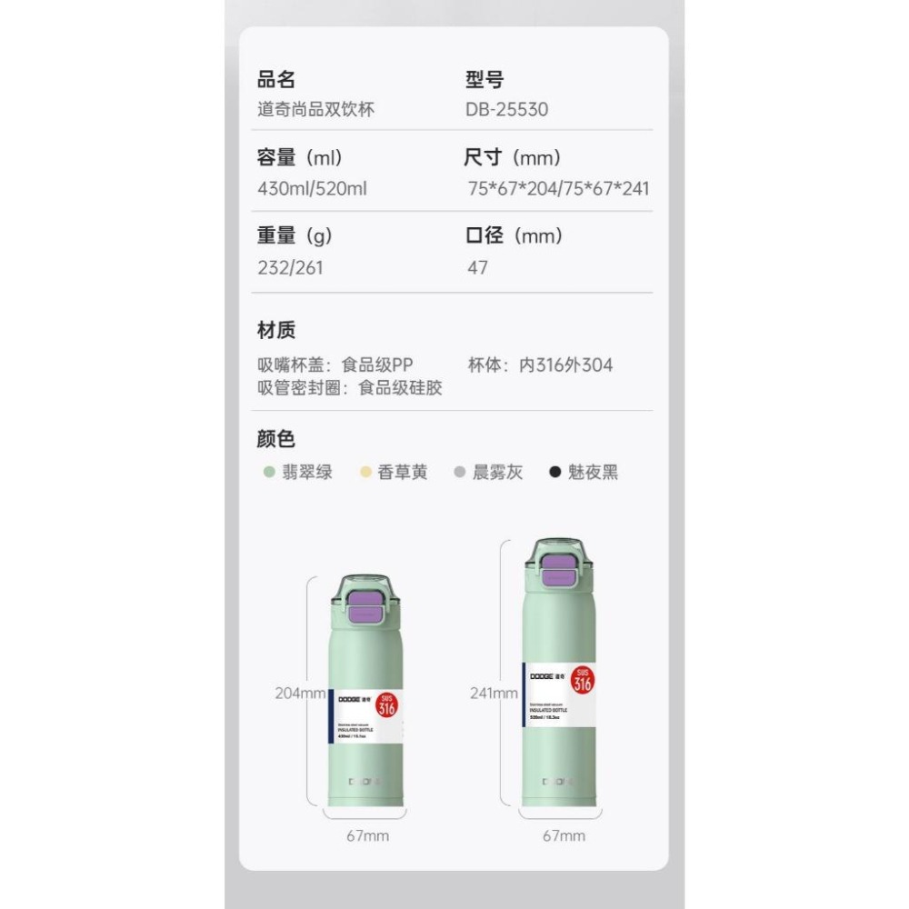 DODGE道奇尚品雙飲杯 316不鏽鋼運動保溫杯 430ml/520ml手提隨行杯 一鍵彈蓋環保咖啡杯 雙飲杯蓋車載水壺-細節圖9