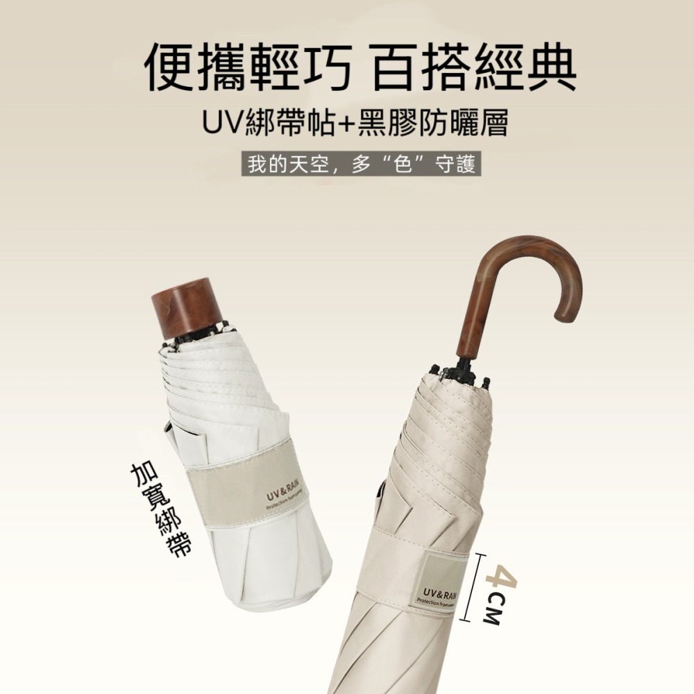 仿木紋簡約MINI五折+彎鉤三折素色黑膠太陽傘 輕量便攜式8骨防風五折防曬傘  UV綁帶貼+黑膠防曬層-細節圖2