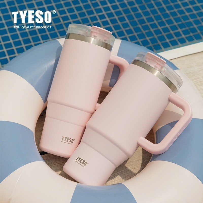 新款速發 TYESO奥拉泡泡冰霸杯 304不鏽鋼900ml/1200ml陶瓷內膽手把保溫杯 雙飲彈跳吸管車載杯環保咖啡杯-細節圖2