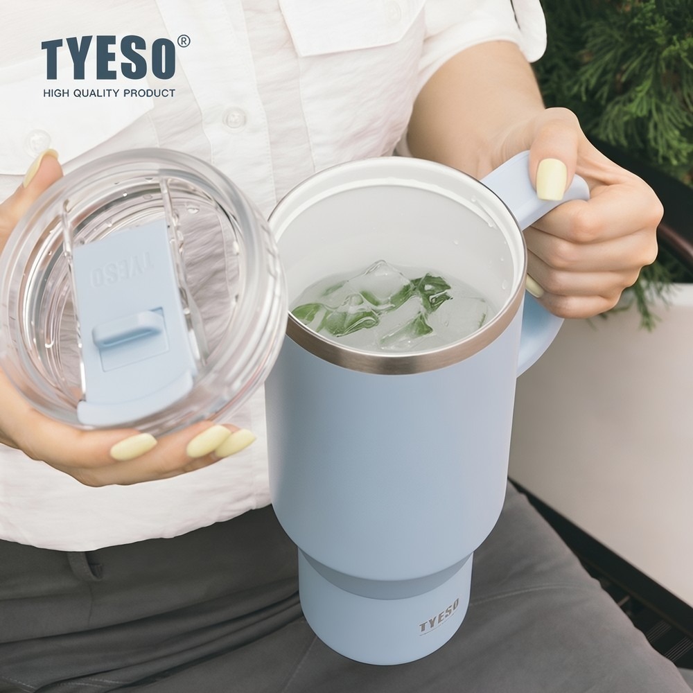 新款速發 TYESO奥拉泡泡冰霸杯 304不鏽鋼900ml/1200ml陶瓷內膽手把保溫杯 雙飲彈跳吸管車載杯環保咖啡杯-細節圖7