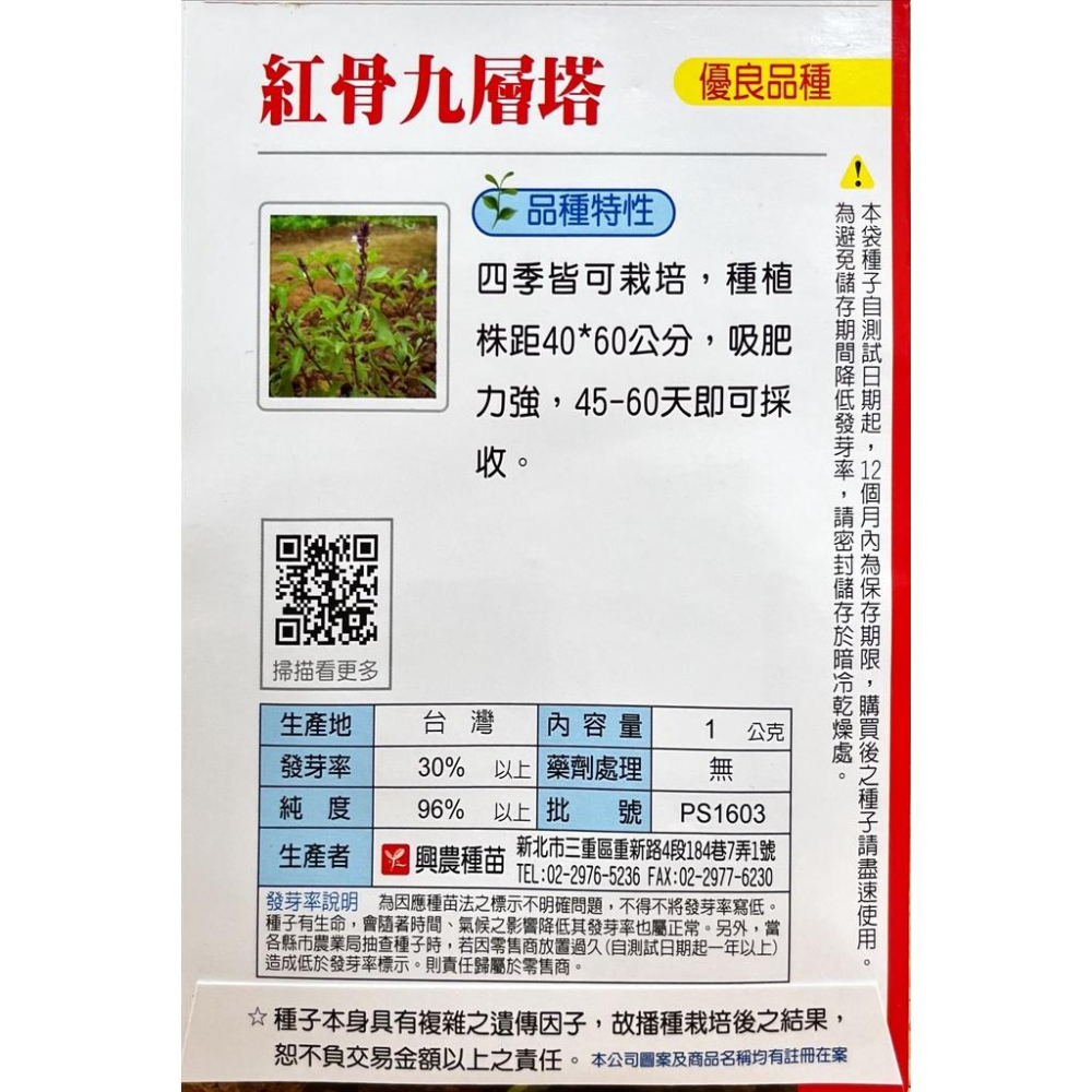 四季園 紅骨九層塔【興農種苗】大葉品種 蔬菜原包裝種子 每包約1公克 新鮮種子-細節圖2