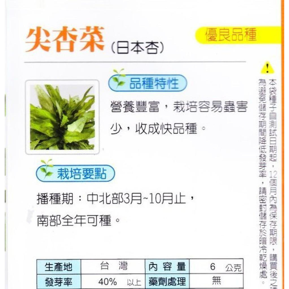 四季園 尖杏菜(日本杏菜) 【蔬果種子】興農牌中包裝 每包約6公克-細節圖2