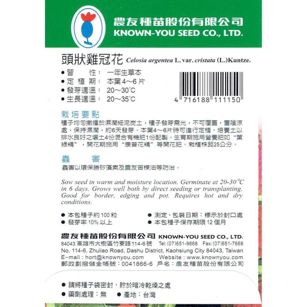 四季園 頭狀雞冠花【農友種苗】花卉原包裝種子 約100粒/包 新鮮種子-細節圖2