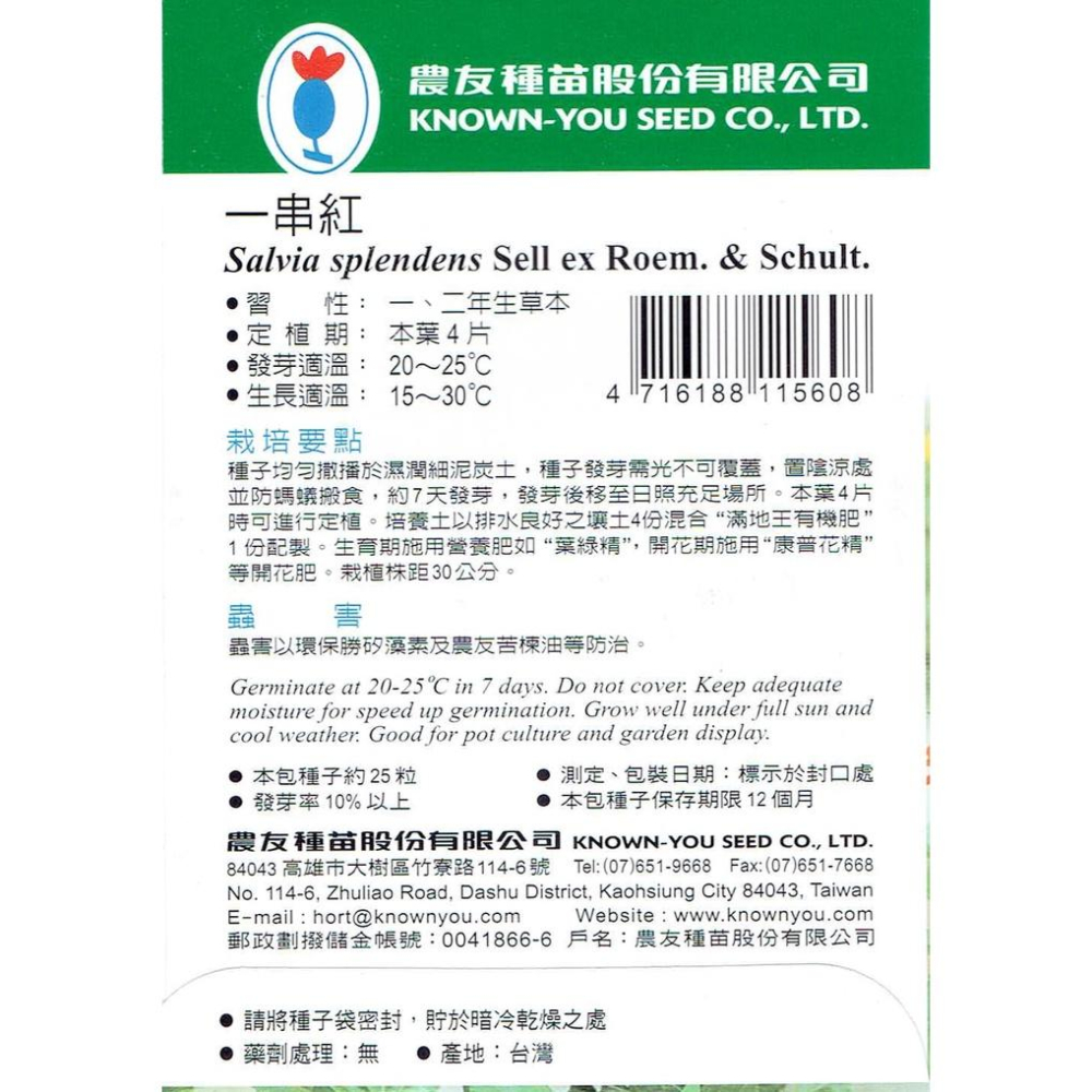 四季園 一串紅 F-560【農友種苗】花卉原包裝種子 約25粒/包 新鮮種子-細節圖2