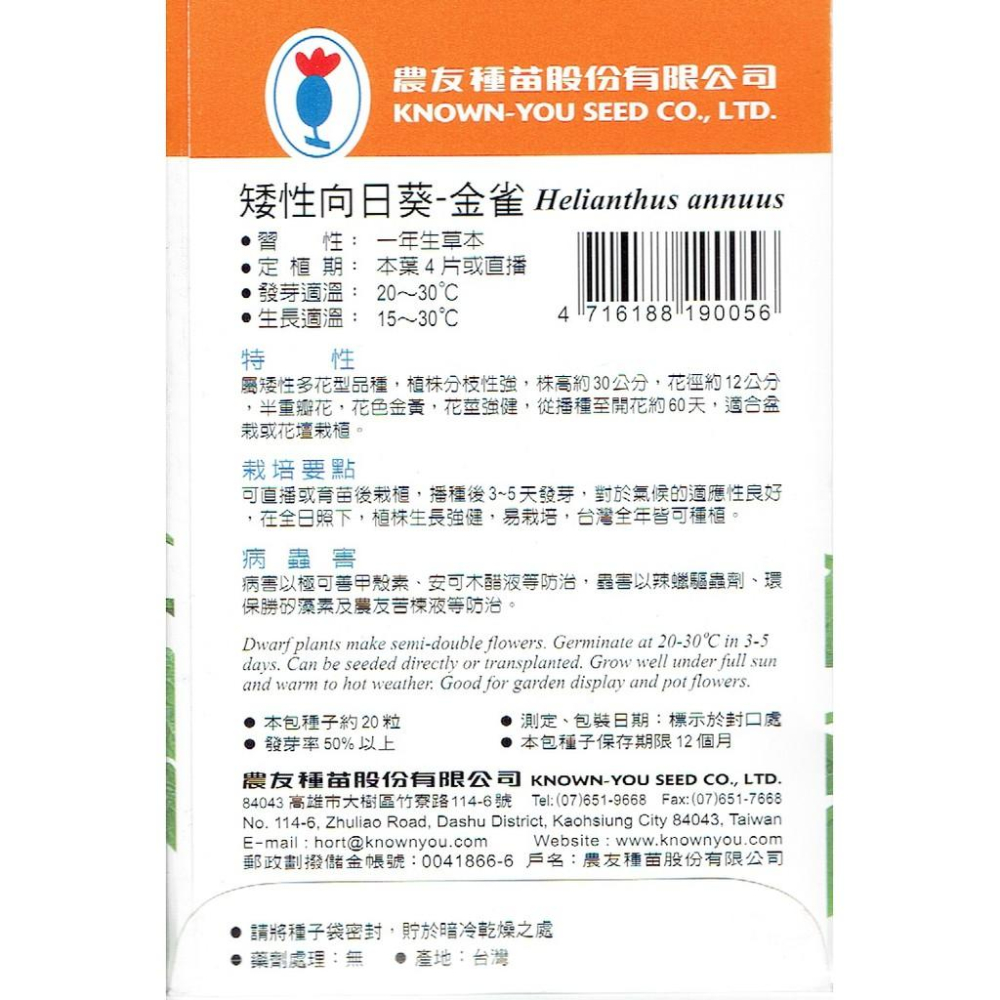 矮性向日葵【農友種苗】矮性向日葵 -金雀 農友種苗 特選花卉種子 每包約50粒 保證新鮮種子-細節圖2