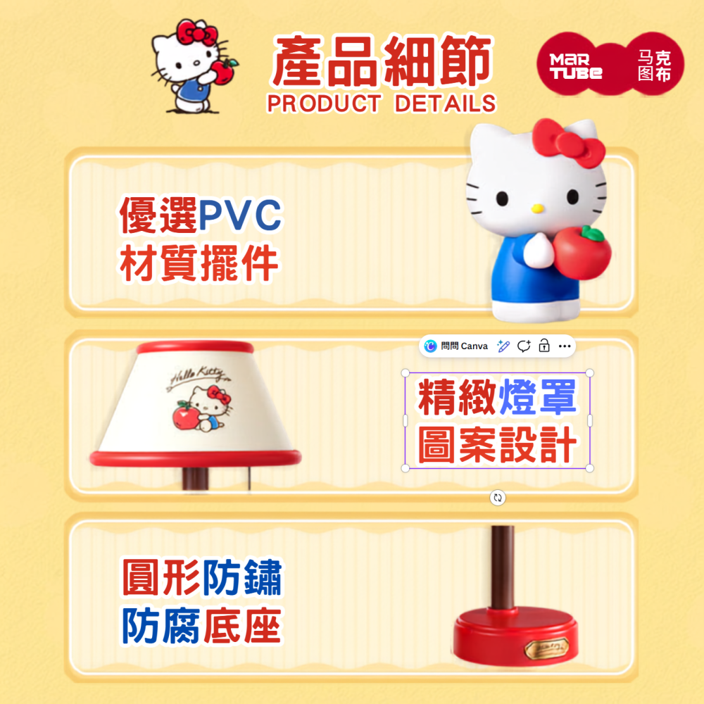 【限時購】正版 三麗鷗 KT貓 蘋果小夜燈 檯燈 蘋蘋安安 氛圍燈 床頭燈 送禮 Hello Kitty 【馬克圖布】-細節圖4