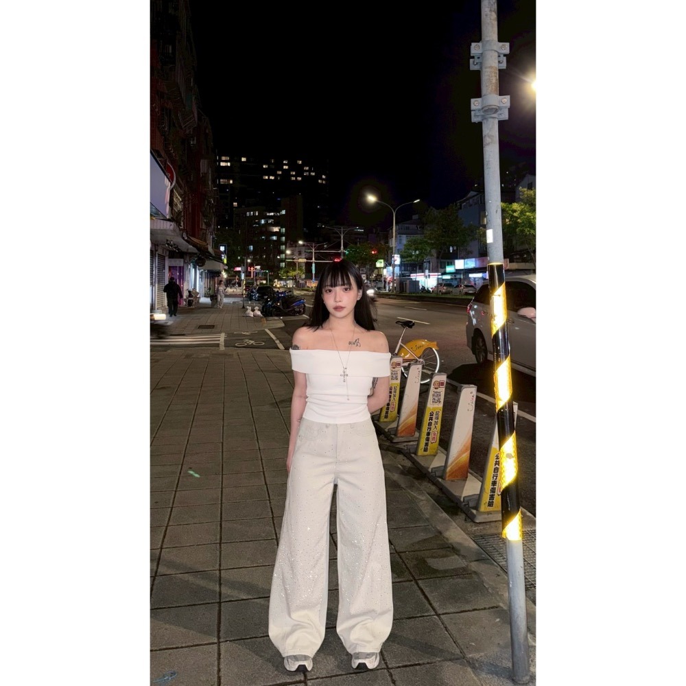 [3685] 小個子必入｜淺灰色閃鑽牛仔彎刀褲-細節圖4