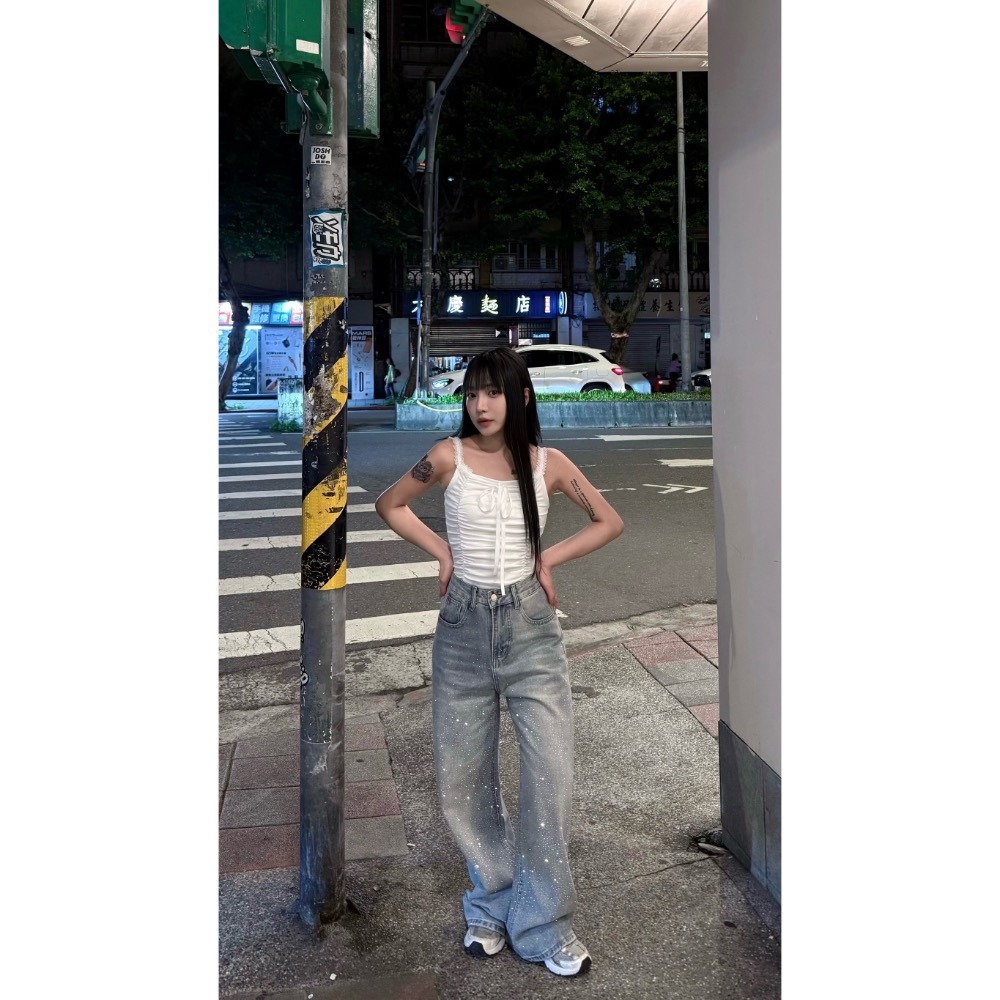 [2316] 小個子必入｜牛仔藍閃鑽牛仔闊腿褲-細節圖4