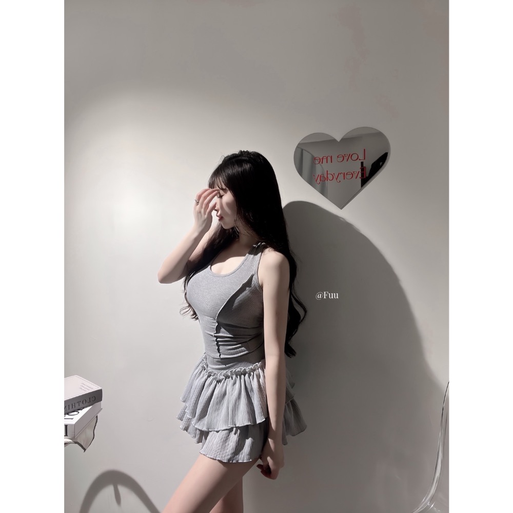 [51209]迷霧純感｜掛脖拼接蛋糕裙+安全褲2set-細節圖2