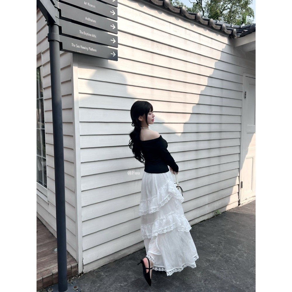 [51112]月光情書｜蕾絲花邊拼接設計感半身長裙-細節圖2