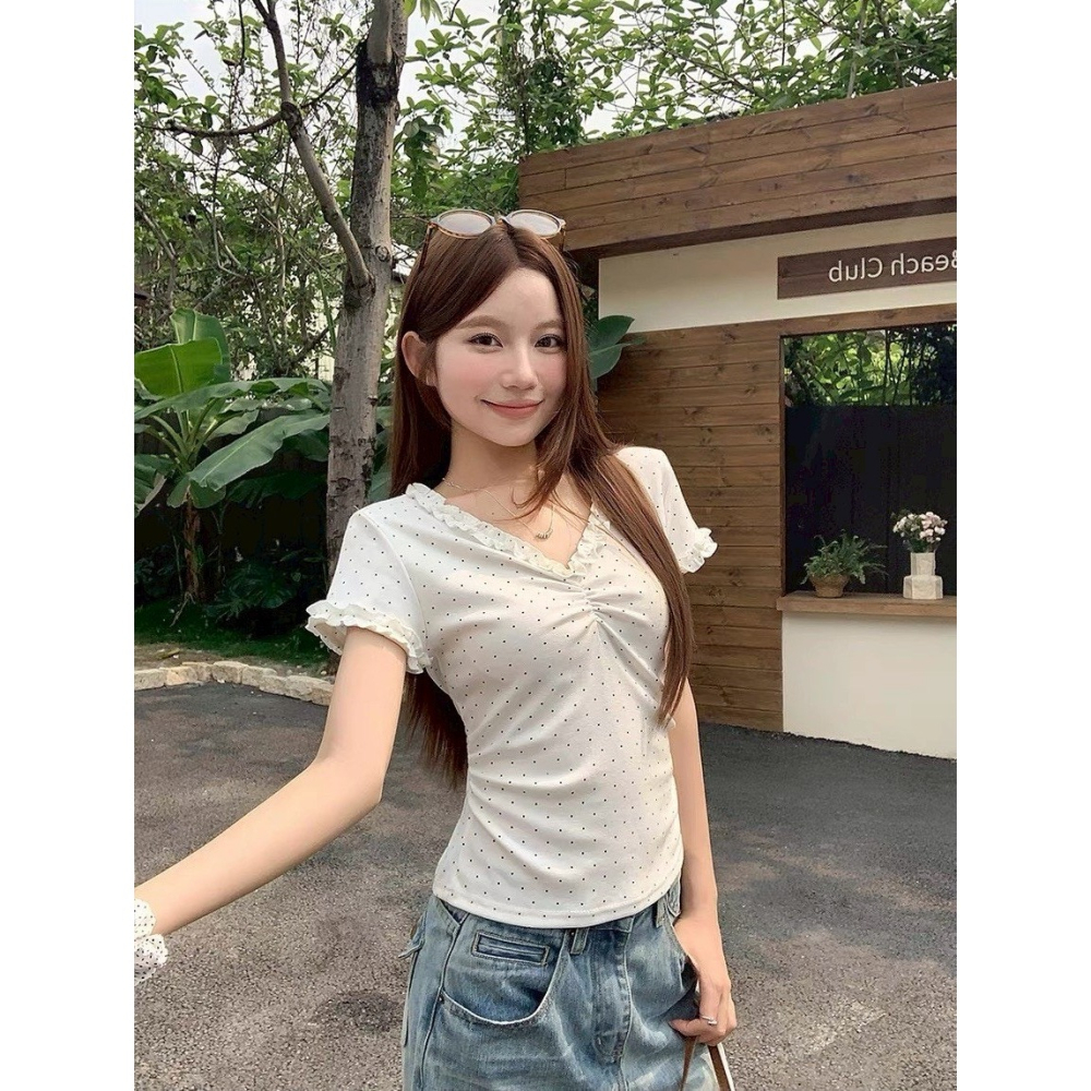 [CCM1069] 波點抓皺V領修身上衣-細節圖4