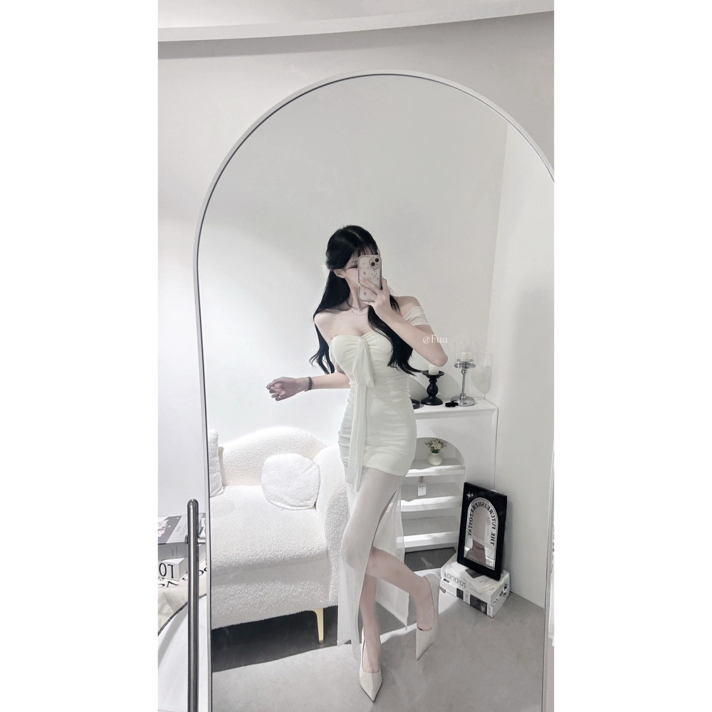 [51202] 璟落映集｜綁帶一字領內杯抓皺拼紗包臀側開衩連身長洋裝-細節圖2