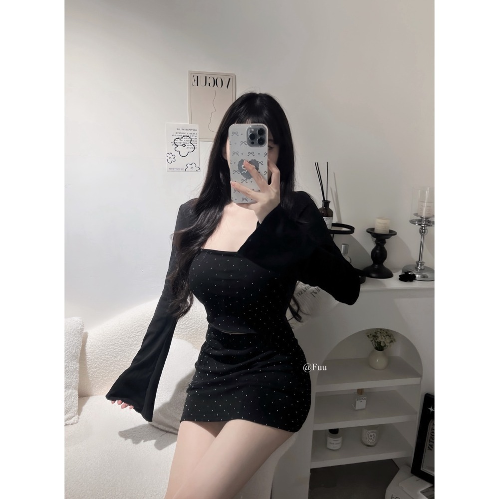 [98026] 優雅帶刺｜內杯平口閃鑽小可愛+底褲包臀短裙+喇叭袖小外套 套裝-細節圖7