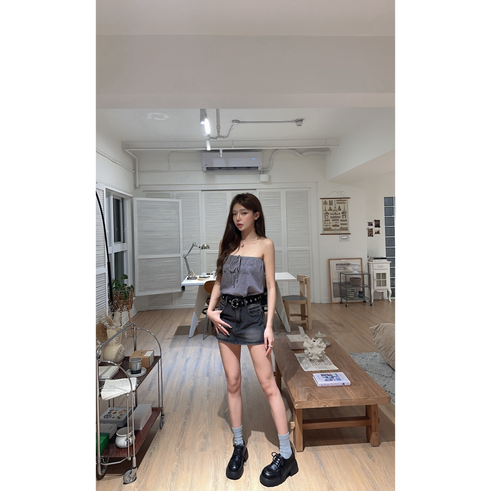 [504127] 美式少女｜字母印花抽繩抹胸上衣-細節圖6