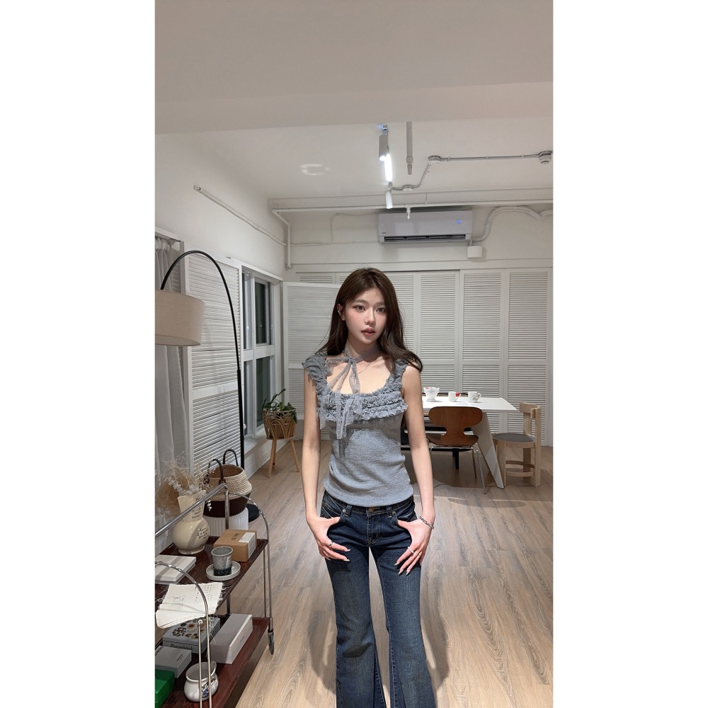 [602997] 韓系女主感｜網紗波點choker一字兩穿上衣-細節圖2