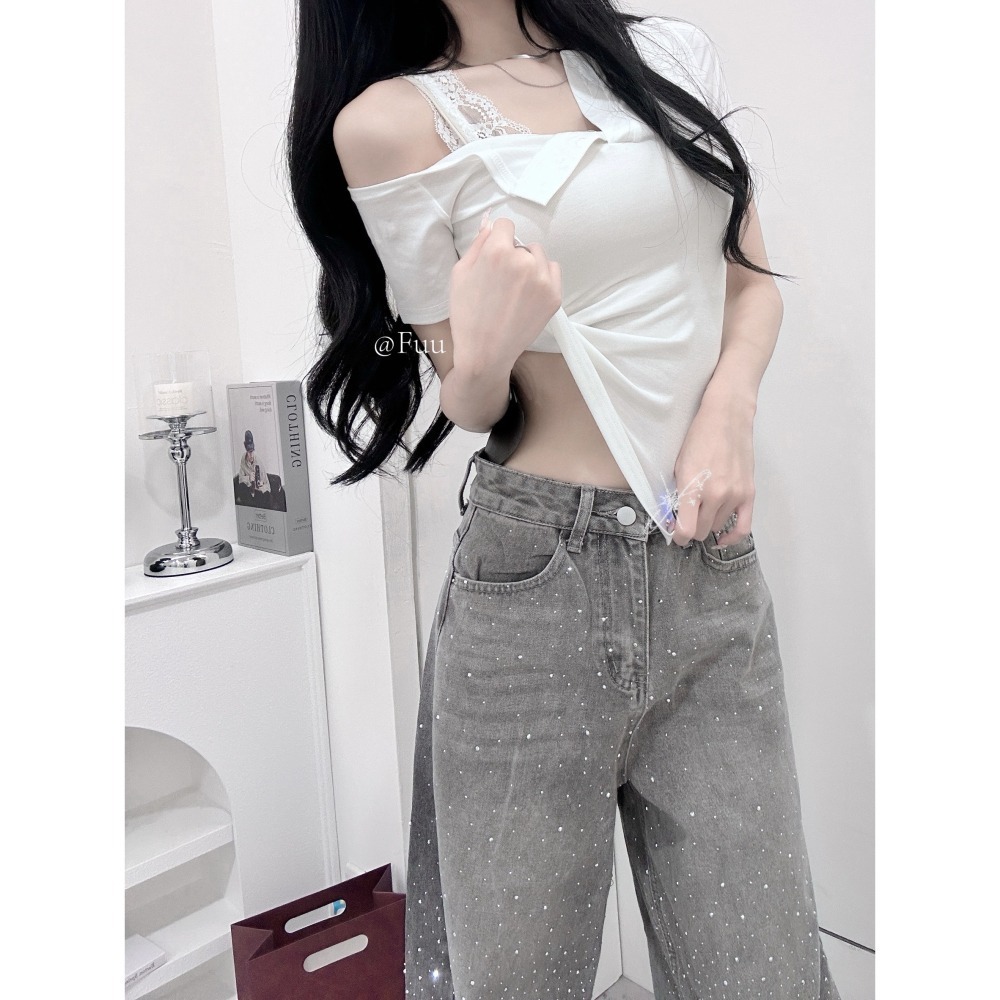 [51138] 質感貼鑽口袋牛仔長寬褲-細節圖2