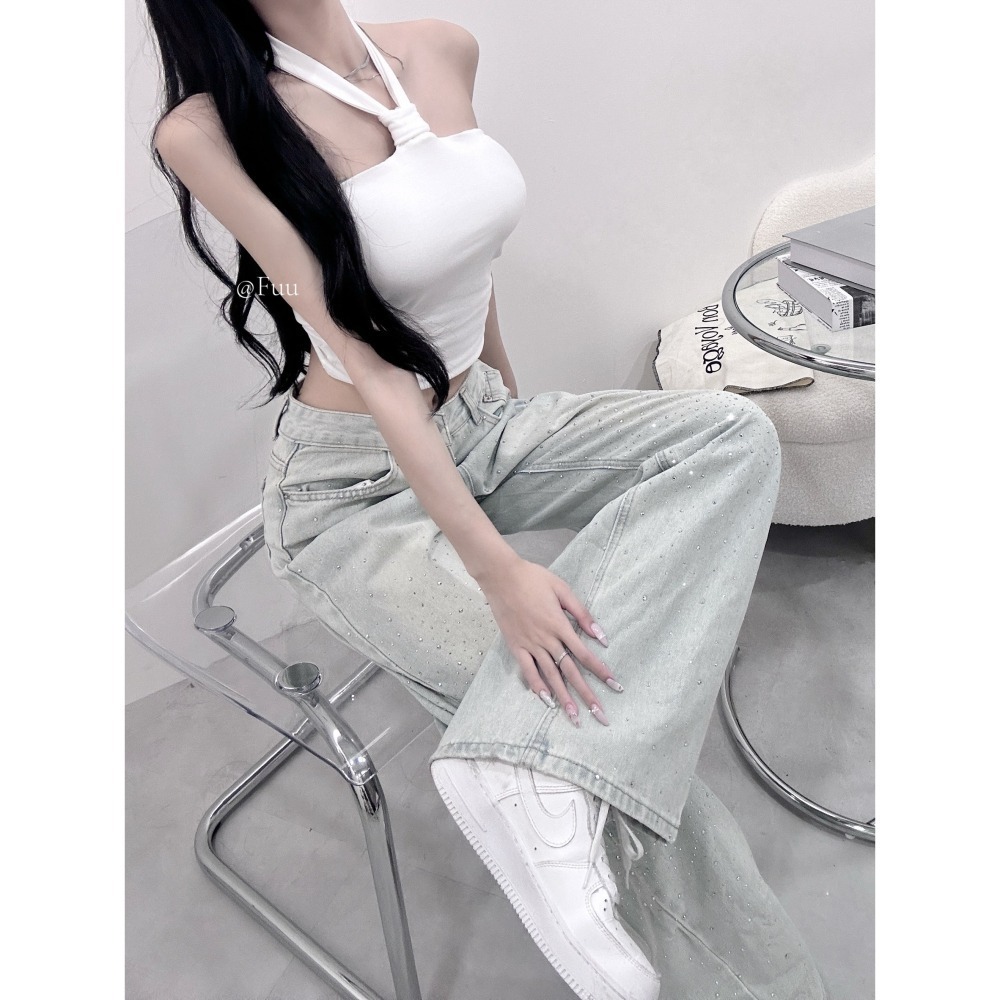 [51138] 質感貼鑽口袋牛仔長寬褲-細節圖4