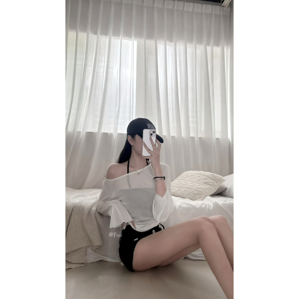 [51276]晚風清夢｜圓領斜肩木耳邊袖防曬透膚衣-細節圖2