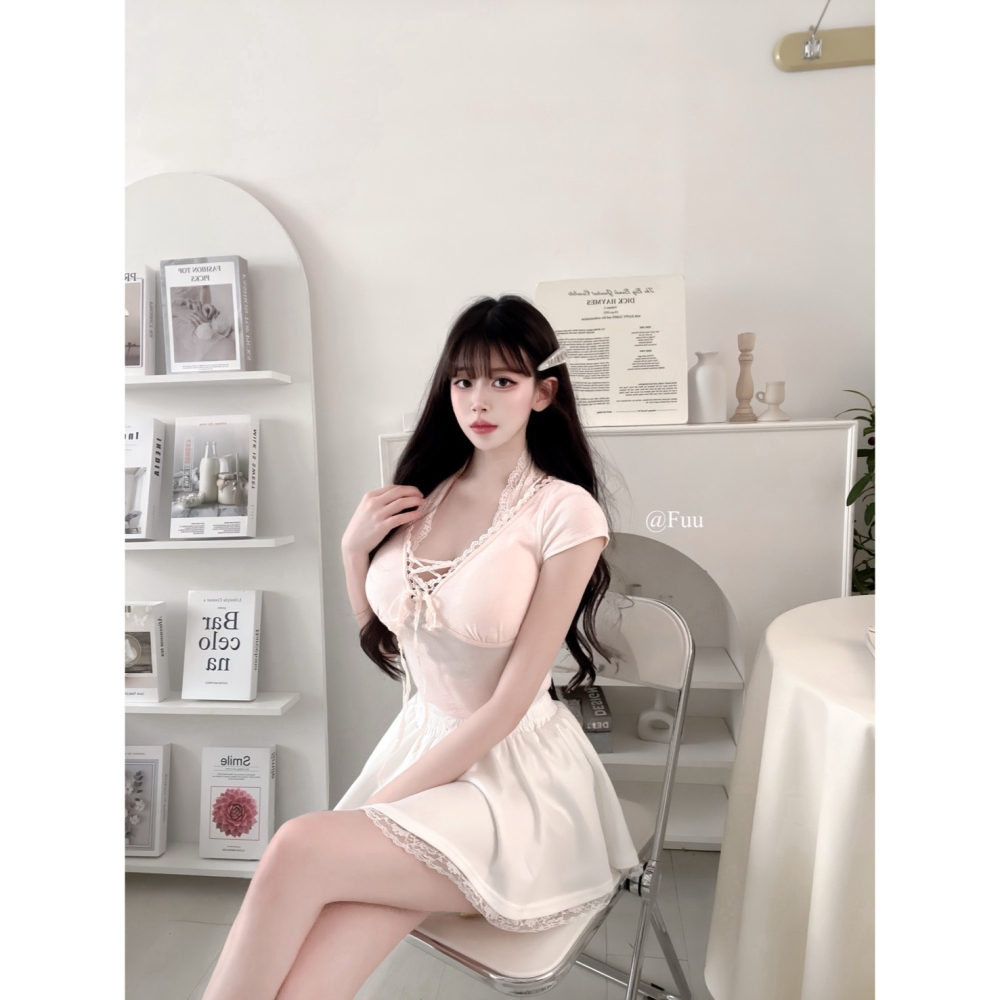 [51307]春氧柔光｜內杯蕾絲掛脖花邊綁繩半袖上衣-細節圖4