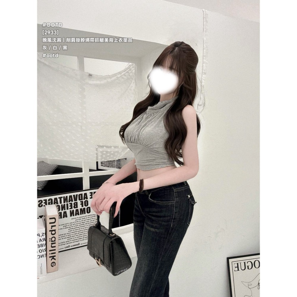 [2933]  晚風沈澱｜削肩掛脖綁帶抓皺美背上衣-細節圖6