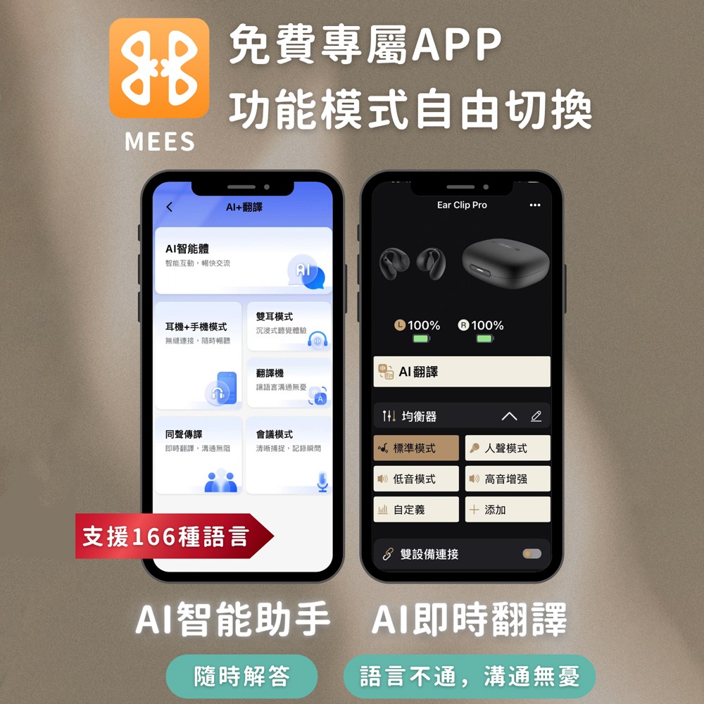 MEES邁斯 AI即時翻譯耳夾式智能藍芽耳機 雲朵氣墊運動耳機 HiFi高音質藍牙5.4 免費APP智能助手-細節圖4
