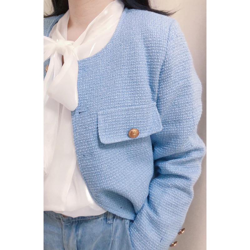 秋冬出清♡ 出清大特價 小香風外套 優雅 氣質 淡藍色外套 韓版 金釦 女外套 正式外套-細節圖3