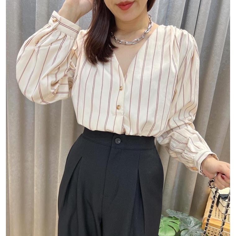 現貨♡ 5801 細緻絨 撞色 條紋 V領 女上衣 女長袖 秋款 氣質 淑女 女人味-細節圖6