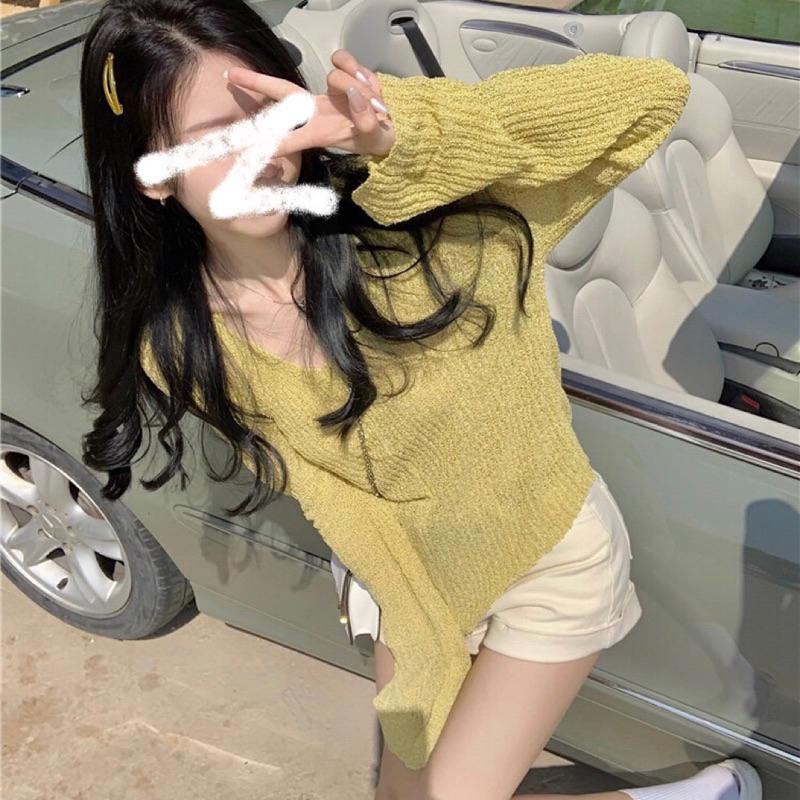 現貨♡ 薄款長袖 V領 針織上衣 鏤空 春季 修身 寬鬆 針織衫 設計感上衣-細節圖2