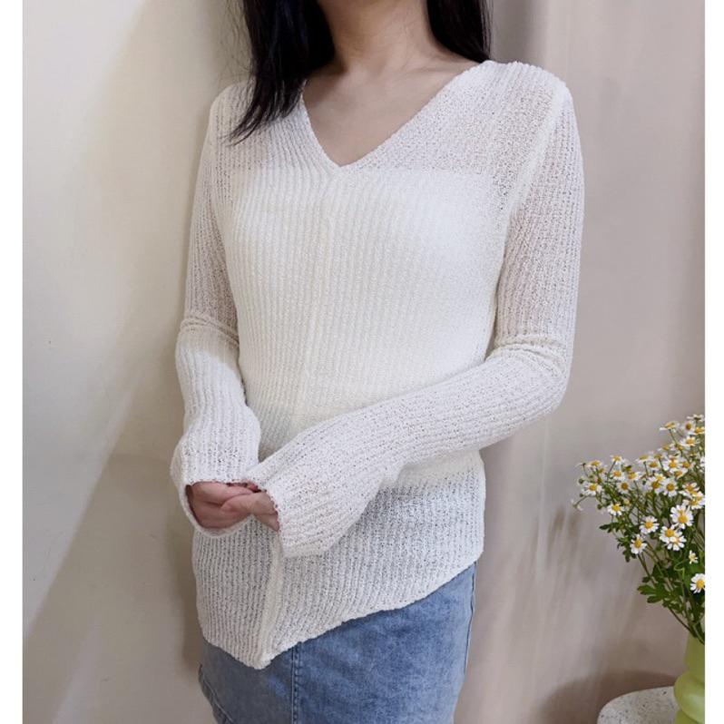現貨♡ 薄款長袖 V領 針織上衣 鏤空 春季 修身 寬鬆 針織衫 設計感上衣-細節圖4