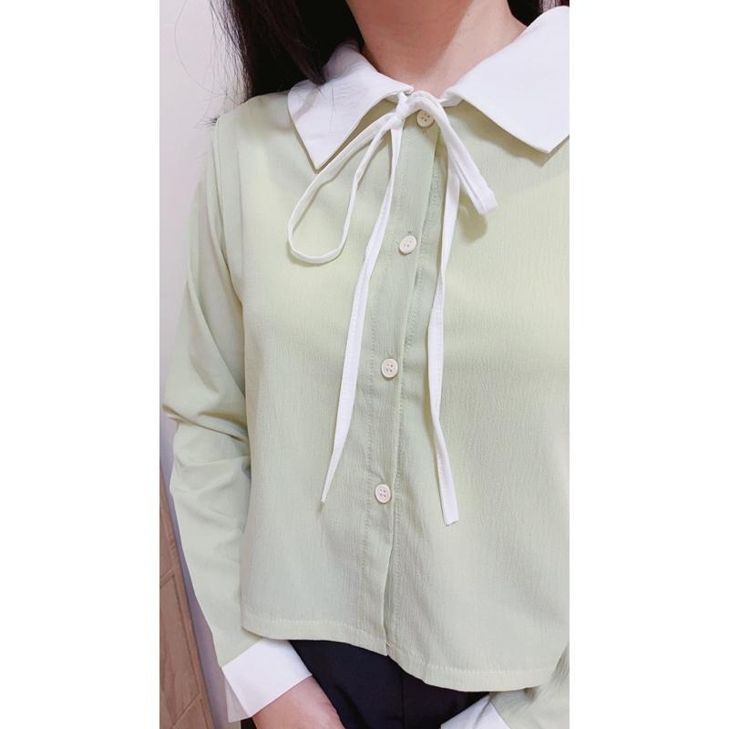 現貨♡ 3086B 日系 領結 配色 綁帶 襯衫 長袖襯衫 女襯衫 氣質 女人味 淑女 女上衣-細節圖6