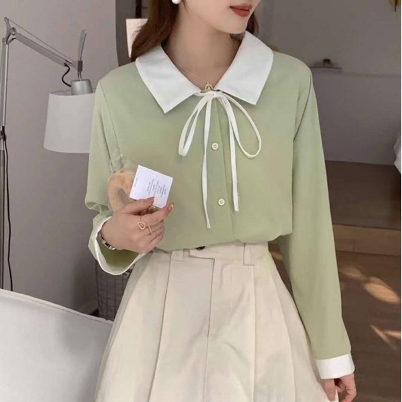 現貨♡ 3086B 日系 領結 配色 綁帶 襯衫 長袖襯衫 女襯衫 氣質 女人味 淑女 女上衣-細節圖7