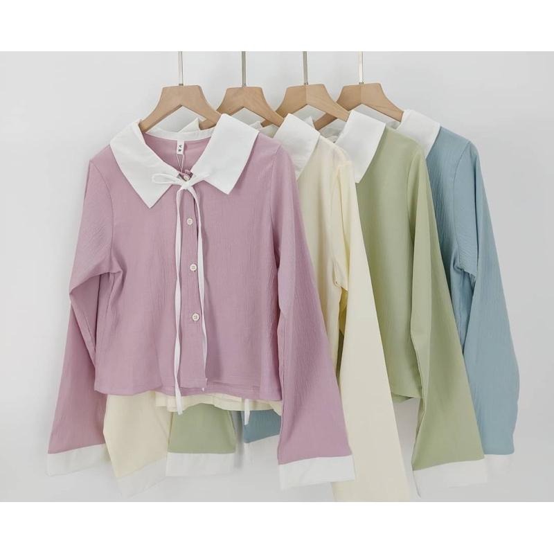 現貨♡ 3086B 日系 領結 配色 綁帶 襯衫 長袖襯衫 女襯衫 氣質 女人味 淑女 女上衣-細節圖8