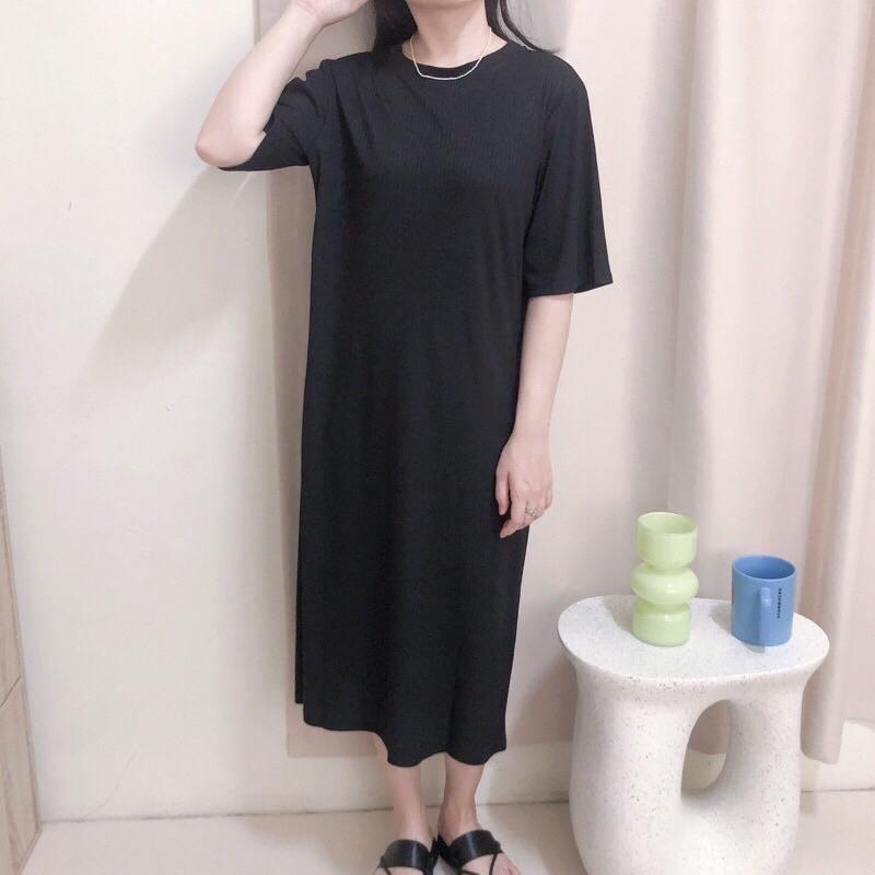 現貨♡ 休閒 坑條 坑條長洋裝 休閒長洋 長洋裝 韓版 舒適 百搭 素色洋裝 壓褶裙-細節圖6