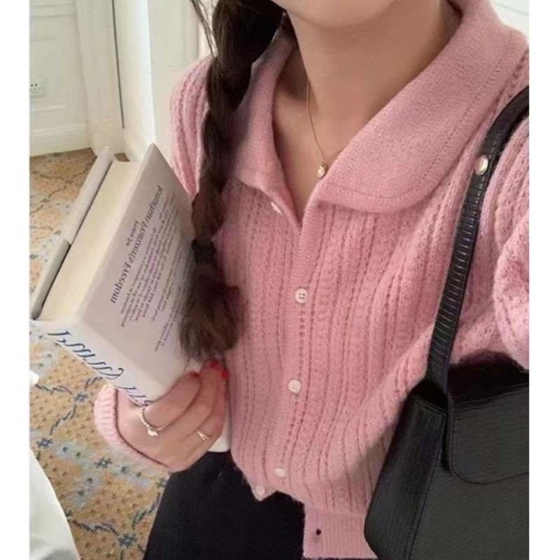 現貨𖤐 兔子魚║ 9966D 娃娃領 排扣 針織 針織上衣 開扣上衣 羊絨 親膚 質感 長袖上衣 女上衣 女長袖-細節圖7