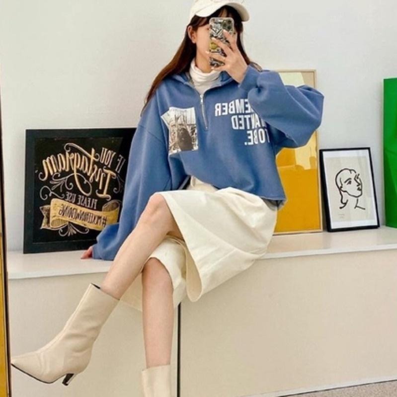 現貨𖤐 兔子魚║ 520884 正韓 韓國 英文 拉鍊 美式風 寬鬆 刷毛T 長袖上衣 韓國秋冬 內刷毛 翻領 休閒-細節圖2